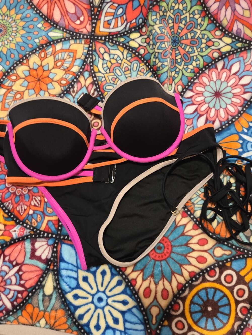 Like New VICTORIAS SECRET Women's Black Bikini Neon Pink and Orange 36C LARGE